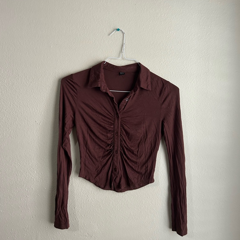 H&M Red Ruched Fitted Button Down Shirt